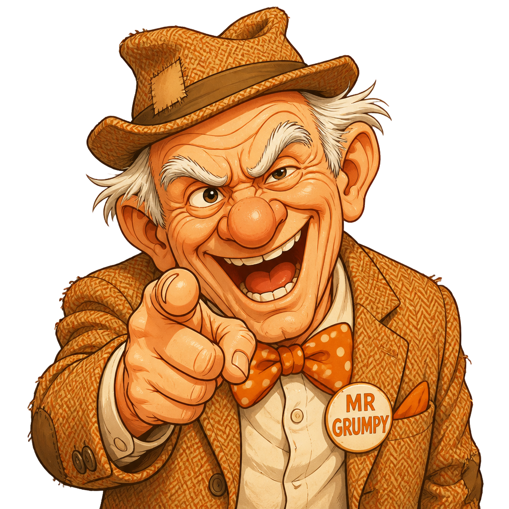 Mr Grumpy pointing at the visitor and laughing
